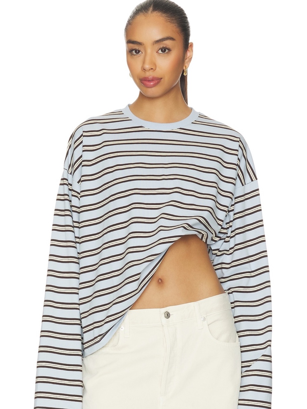 WeWoreWhat Striped Long-Sleeve Crop Tee - Light Blue, Black, White